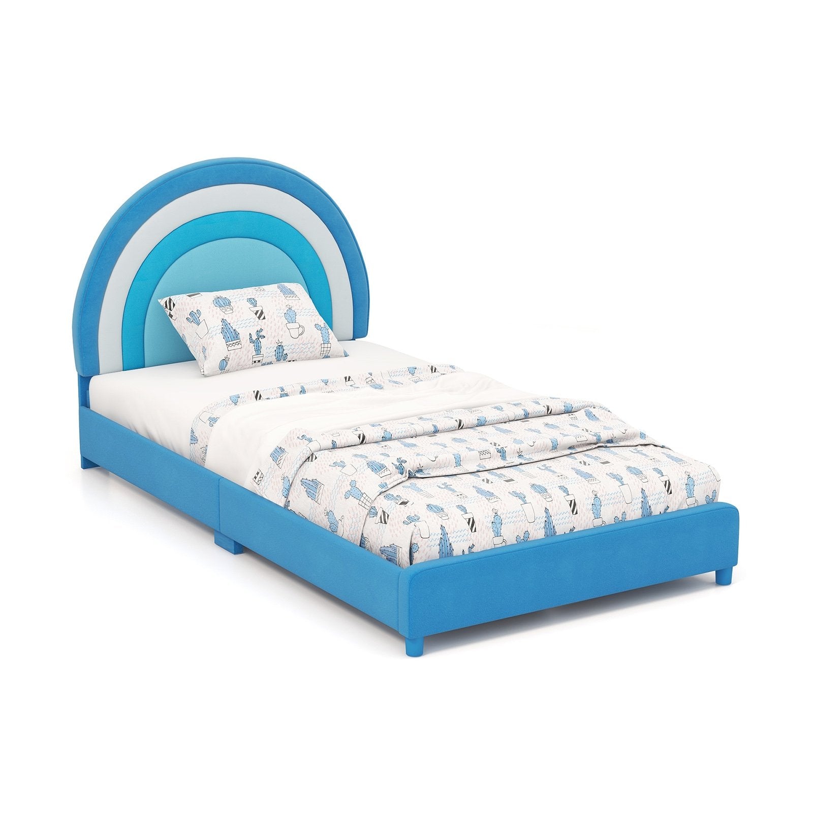 Twin Bed Frame with Height-Adjustable Headboard and Sturdy Wooden Slats, Blue Toddler Beds   at Gallery Canada