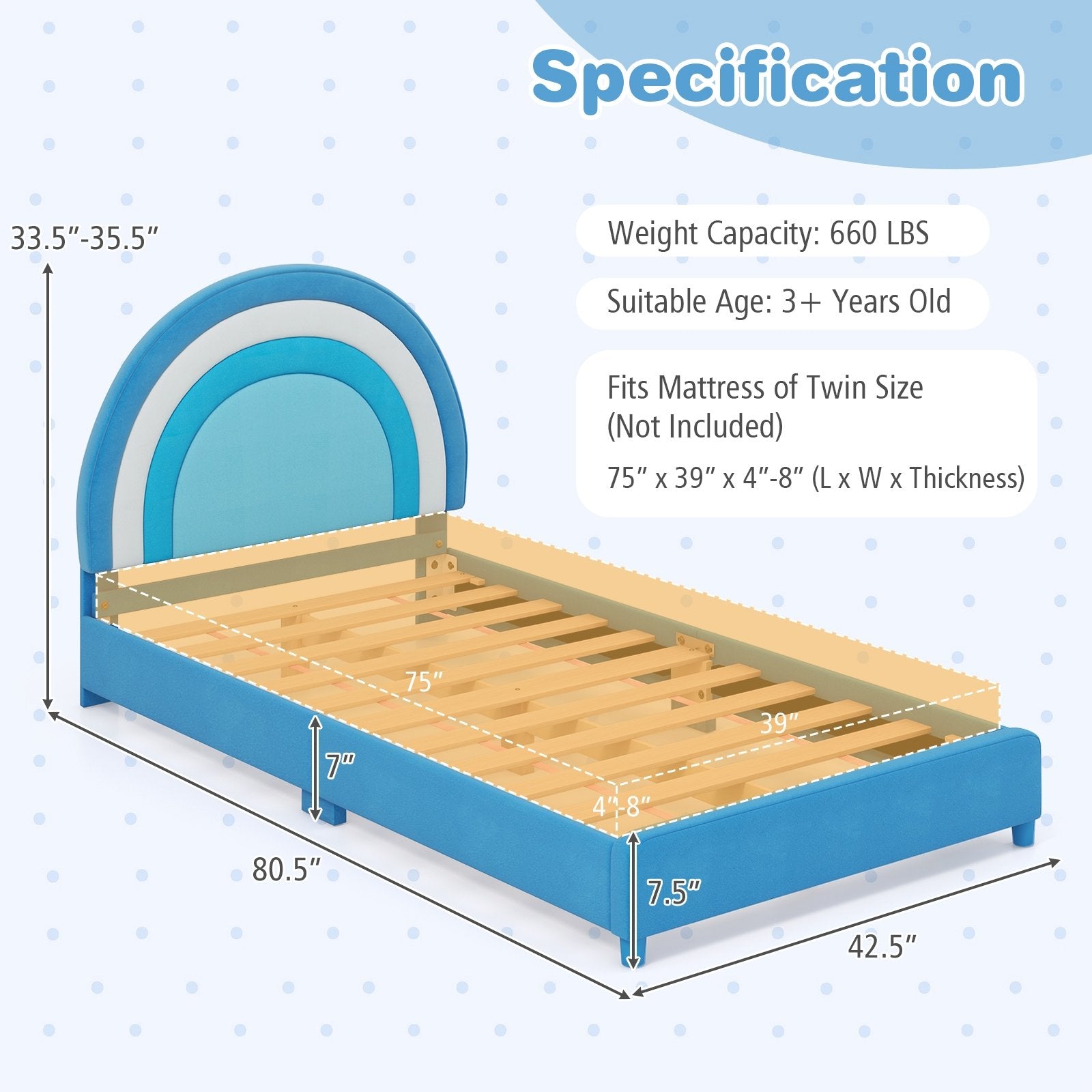 Twin Bed Frame with Height-Adjustable Headboard and Sturdy Wooden Slats, Blue Toddler Beds   at Gallery Canada