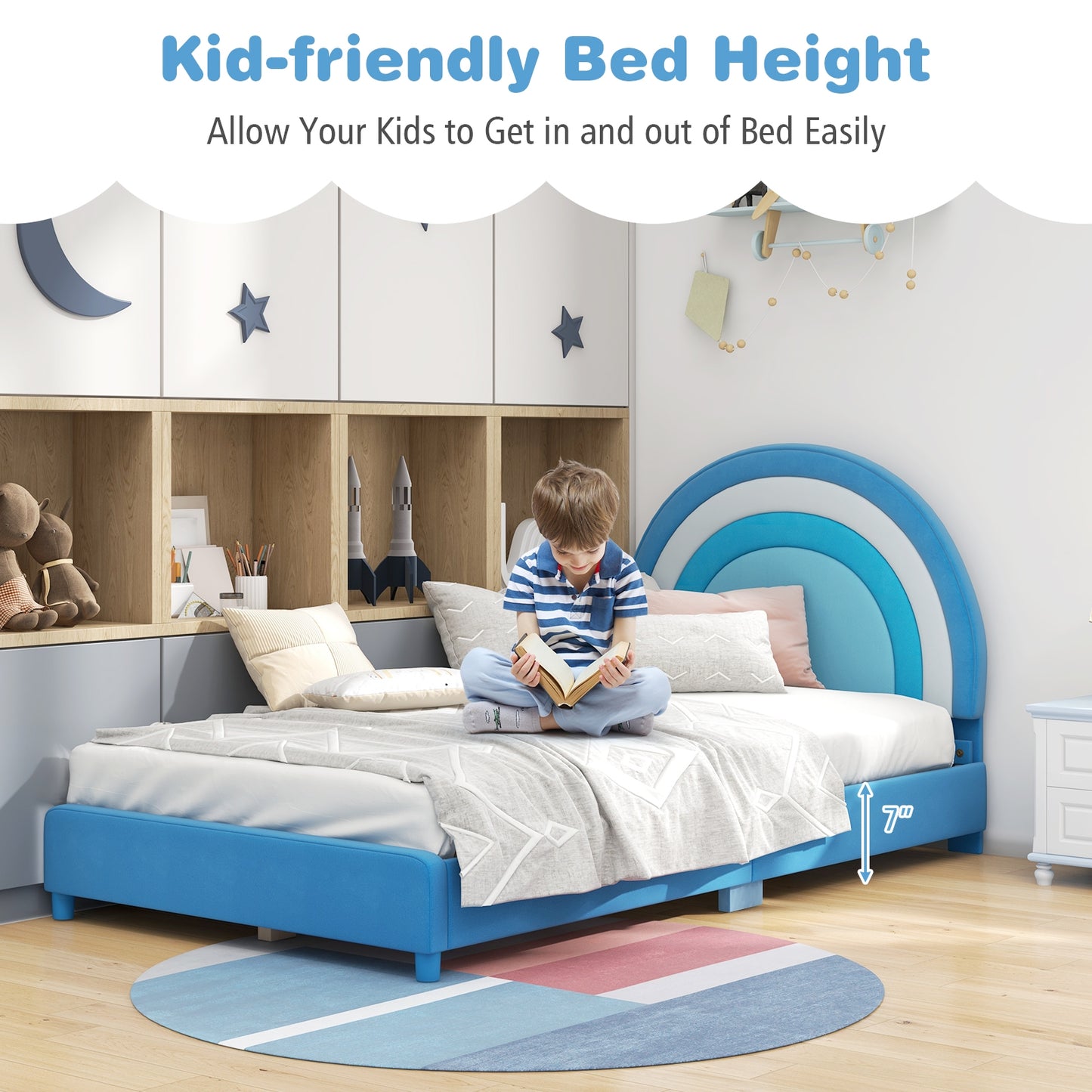 Twin Bed Frame with Height-Adjustable Headboard and Sturdy Wooden Slats, Blue Toddler Beds   at Gallery Canada