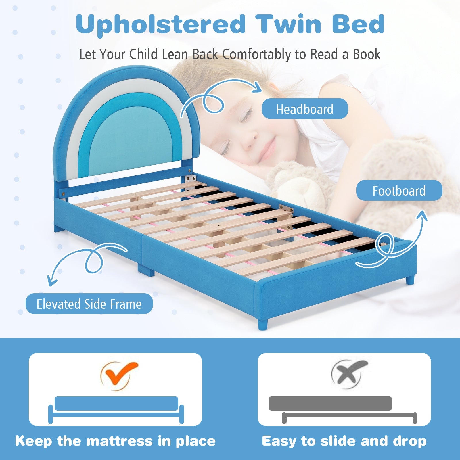 Twin Bed Frame with Height-Adjustable Headboard and Sturdy Wooden Slats, Blue Toddler Beds   at Gallery Canada