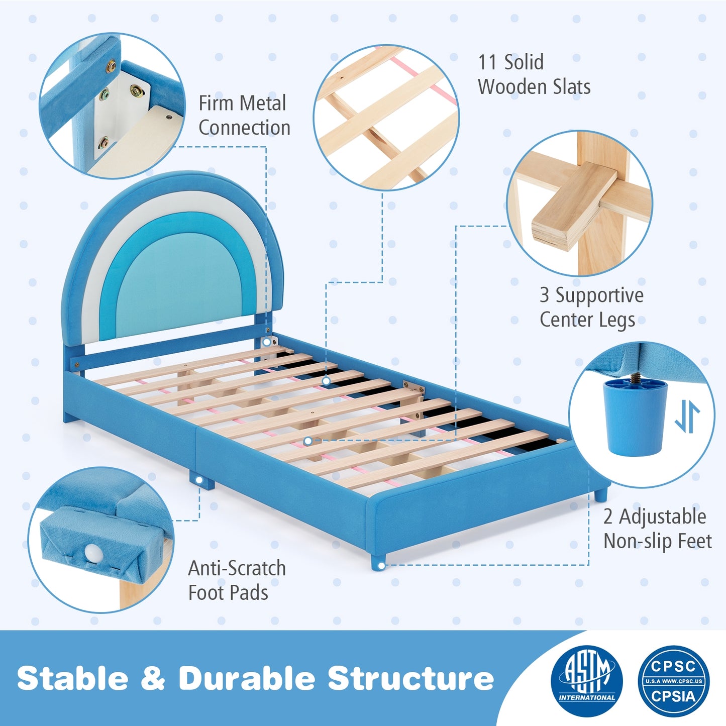 Twin Bed Frame with Height-Adjustable Headboard and Sturdy Wooden Slats, Blue Toddler Beds   at Gallery Canada