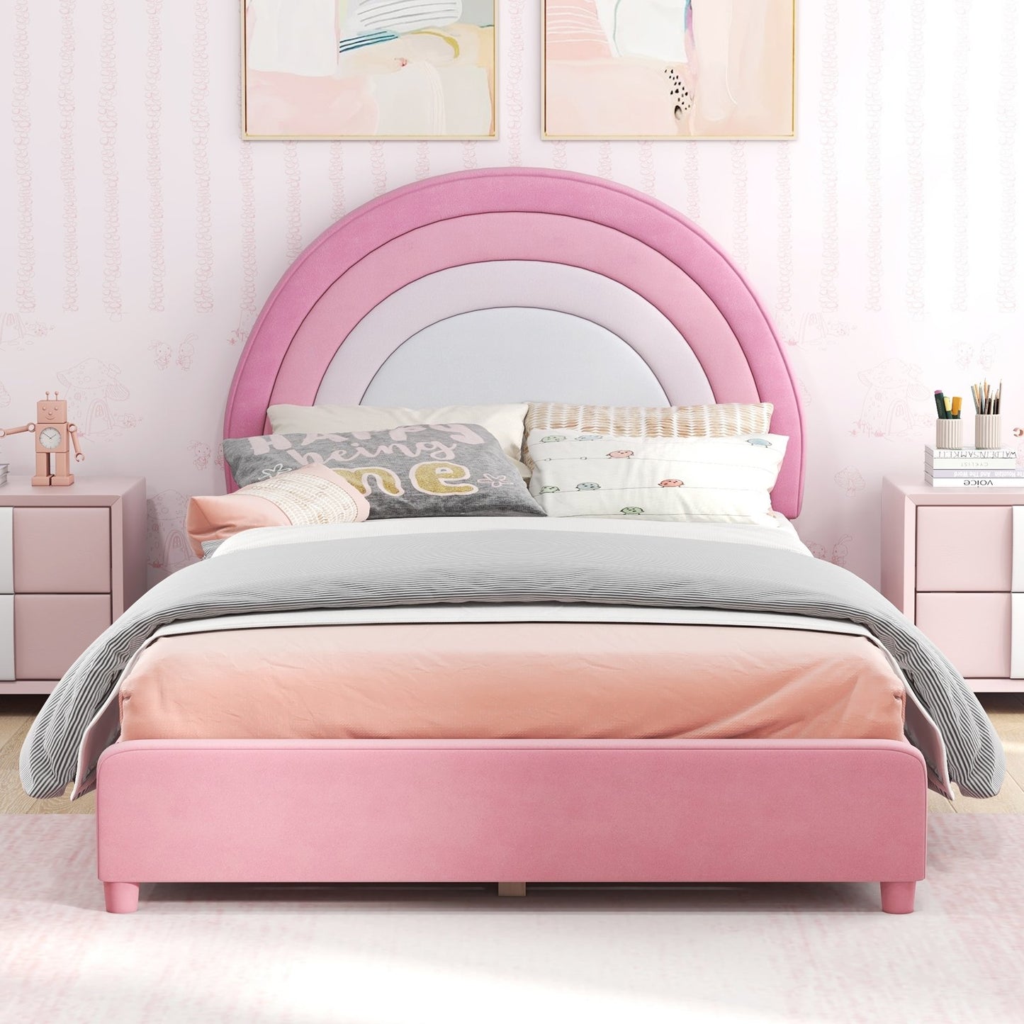 Twin Bed Frame with Height-Adjustable Headboard and Sturdy Wooden Slats, White & Pink Toddler Beds   at Gallery Canada