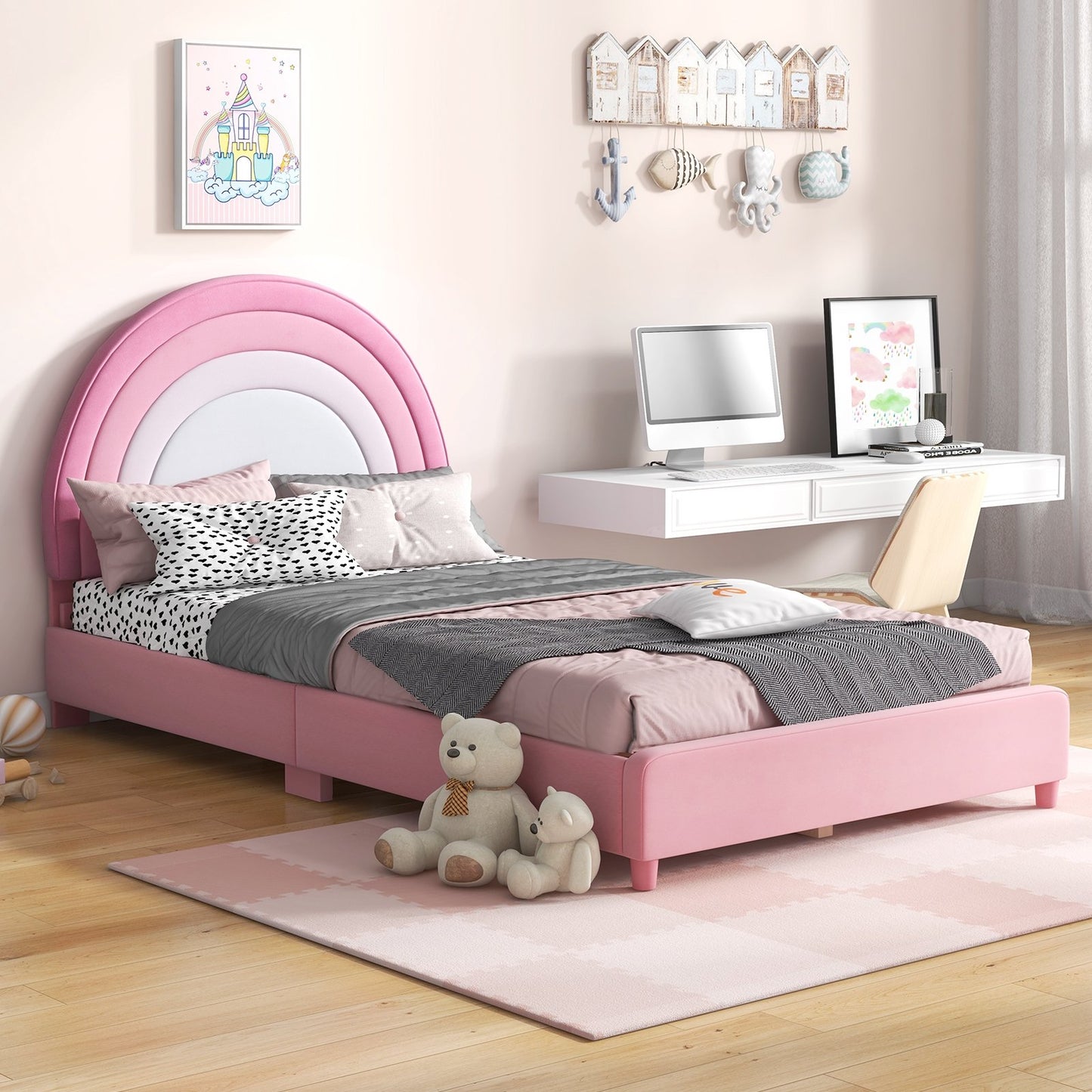 Twin Bed Frame with Height-Adjustable Headboard and Sturdy Wooden Slats, White & Pink Toddler Beds   at Gallery Canada