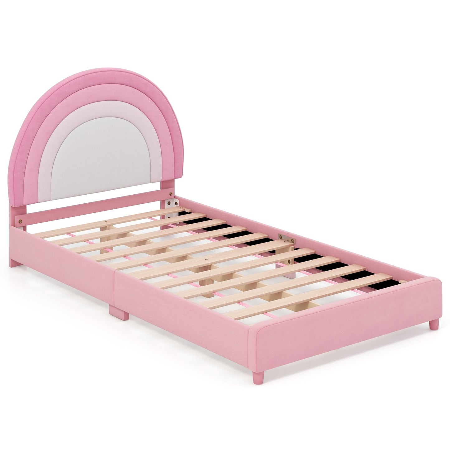 Twin Bed Frame with Height-Adjustable Headboard and Sturdy Wooden Slats, White & Pink Toddler Beds White & Pink  at Gallery Canada