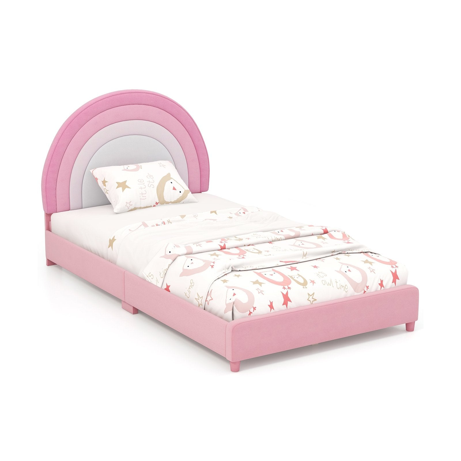 Twin Bed Frame with Height-Adjustable Headboard and Sturdy Wooden Slats, White & Pink Toddler Beds   at Gallery Canada