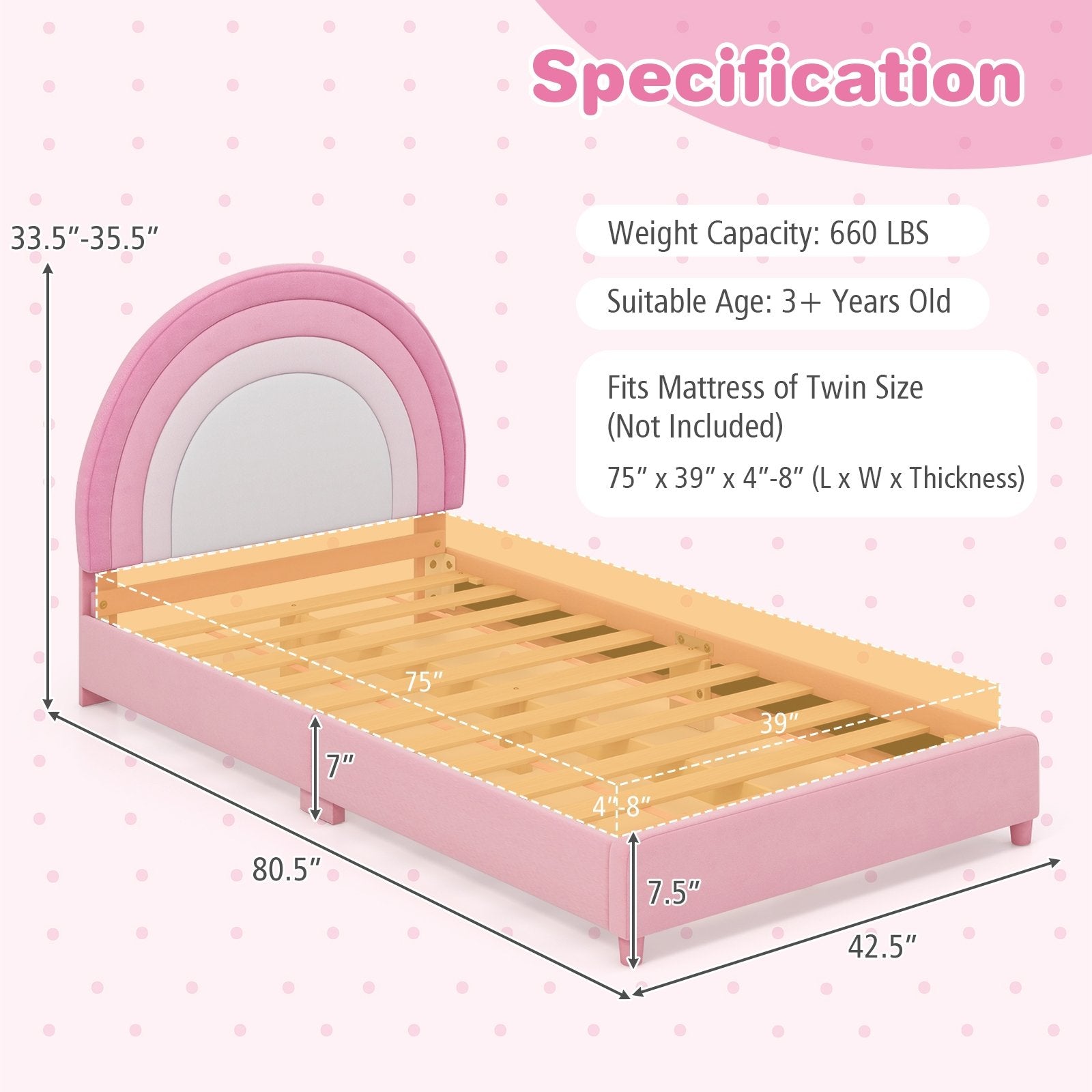 Twin Bed Frame with Height-Adjustable Headboard and Sturdy Wooden Slats, White & Pink Toddler Beds   at Gallery Canada