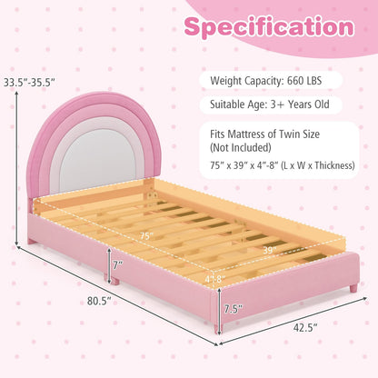 Twin Bed Frame with Height-Adjustable Headboard and Sturdy Wooden Slats, White & Pink Toddler Beds   at Gallery Canada