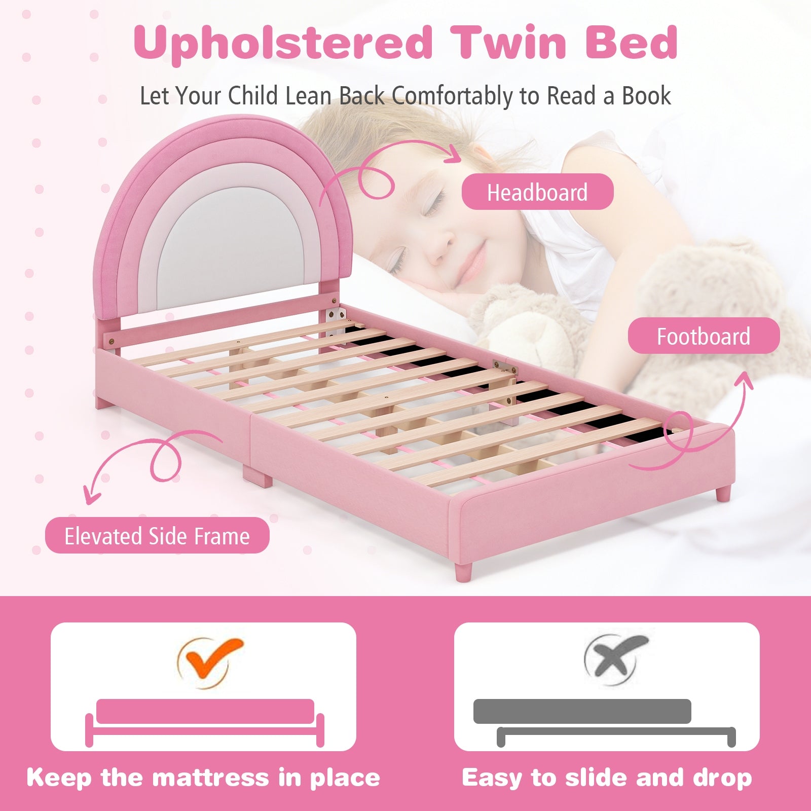 Twin Bed Frame with Height-Adjustable Headboard and Sturdy Wooden Slats, White & Pink Toddler Beds   at Gallery Canada