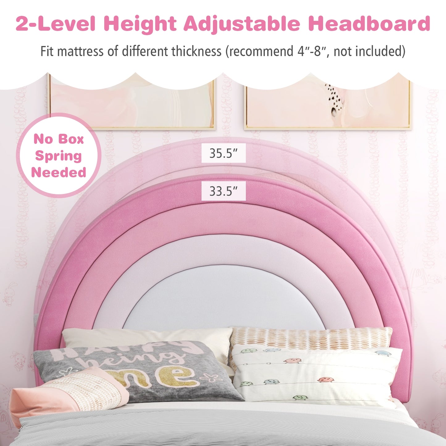 Twin Bed Frame with Height-Adjustable Headboard and Sturdy Wooden Slats, White & Pink Toddler Beds   at Gallery Canada