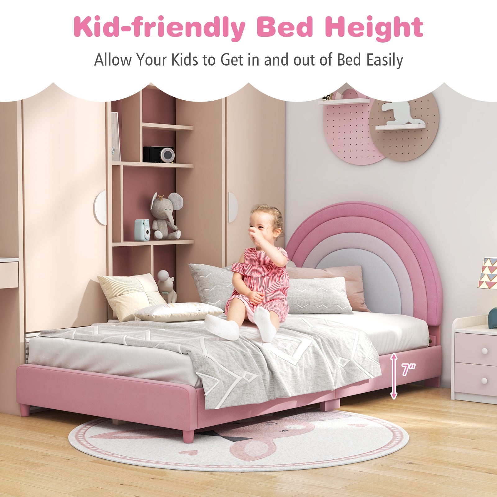 Twin Bed Frame with Height-Adjustable Headboard and Sturdy Wooden Slats, White & Pink Toddler Beds   at Gallery Canada