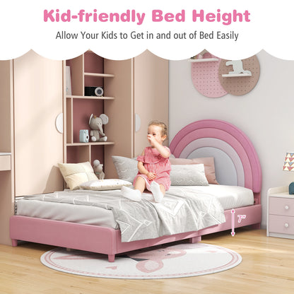 Twin Bed Frame with Height-Adjustable Headboard and Sturdy Wooden Slats, White & Pink Toddler Beds   at Gallery Canada