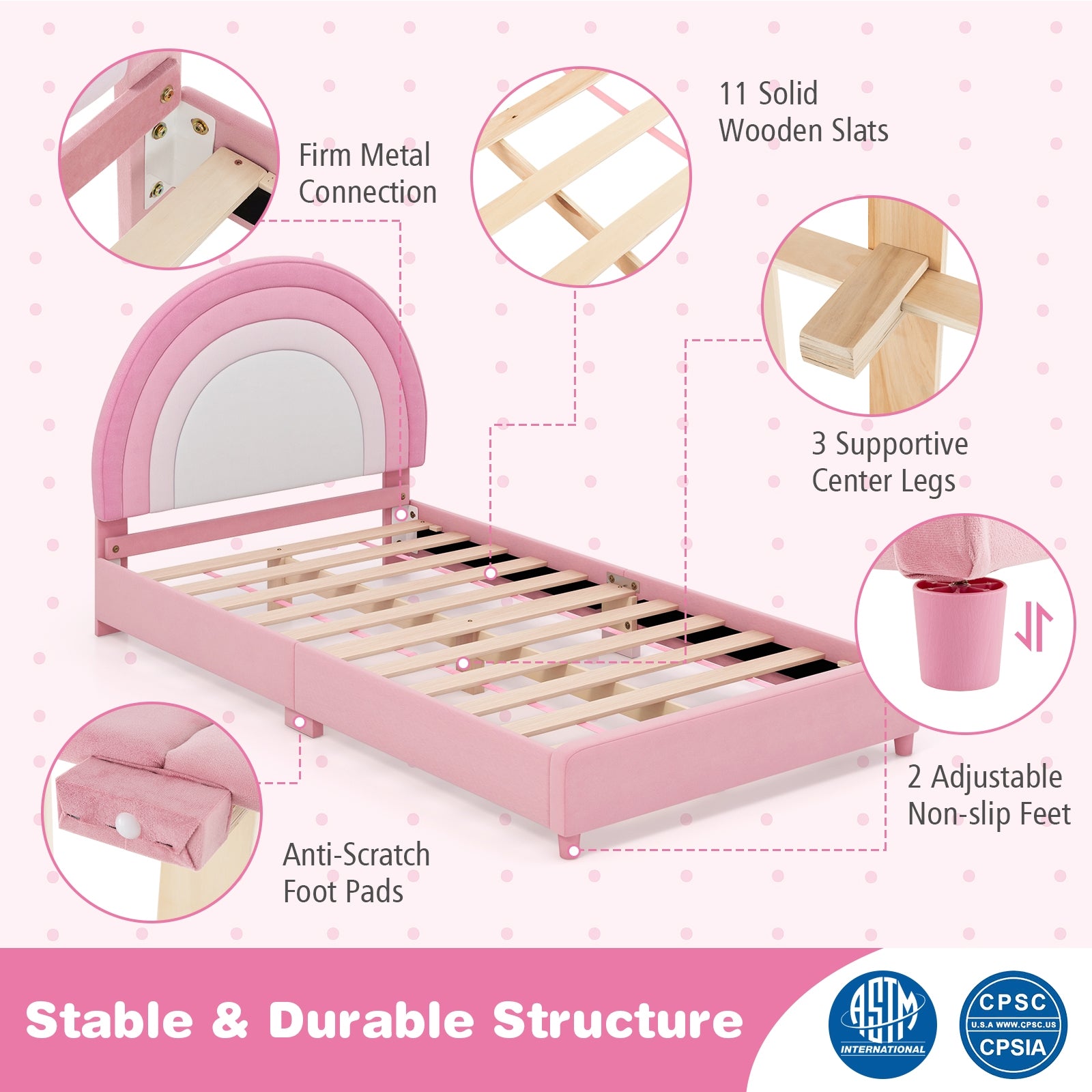 Twin Bed Frame with Height-Adjustable Headboard and Sturdy Wooden Slats, White & Pink Toddler Beds   at Gallery Canada