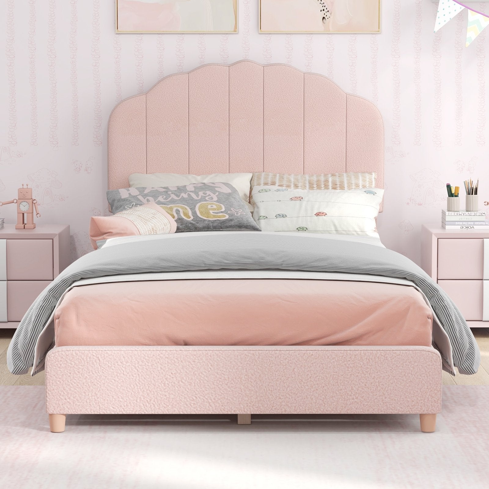 Twin Bed Frame with Height-Adjustable Headboard and Sturdy Wooden Slats, Pink Toddler Beds   at Gallery Canada