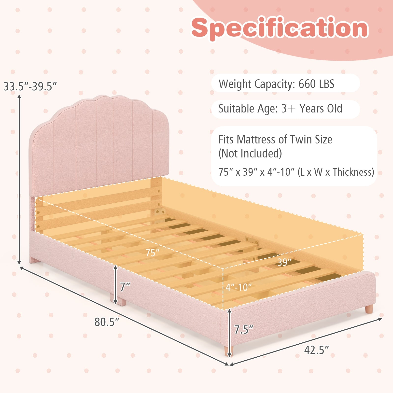 Twin Bed Frame with Height-Adjustable Headboard and Sturdy Wooden Slats, Pink Toddler Beds   at Gallery Canada