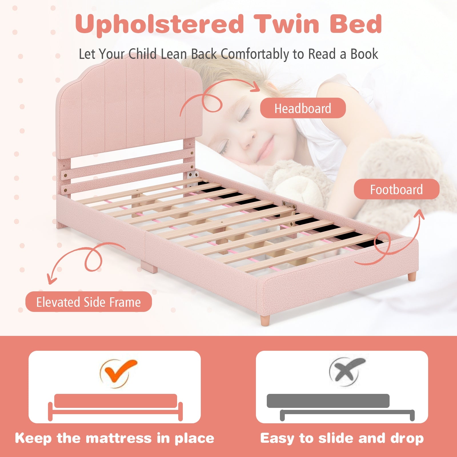 Twin Bed Frame with Height-Adjustable Headboard and Sturdy Wooden Slats, Pink Toddler Beds   at Gallery Canada