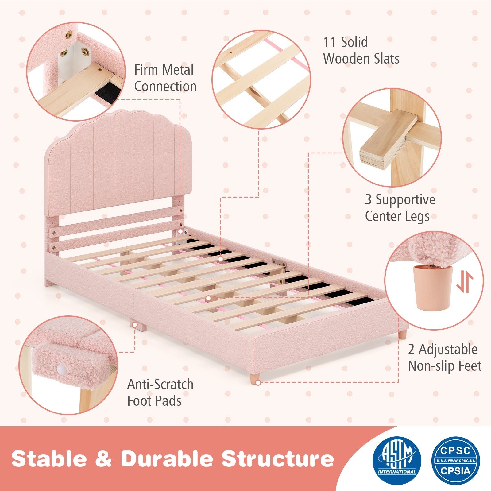 Twin Bed Frame with Height-Adjustable Headboard and Sturdy Wooden Slats, Pink Toddler Beds   at Gallery Canada