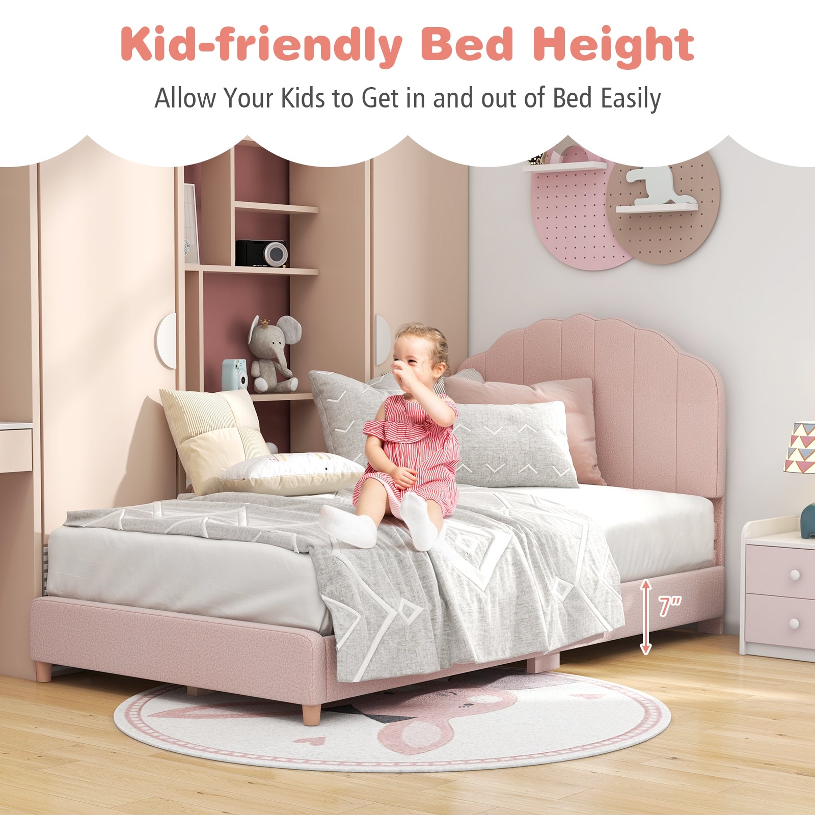 Twin Bed Frame with Height-Adjustable Headboard and Sturdy Wooden Slats, Pink Toddler Beds   at Gallery Canada