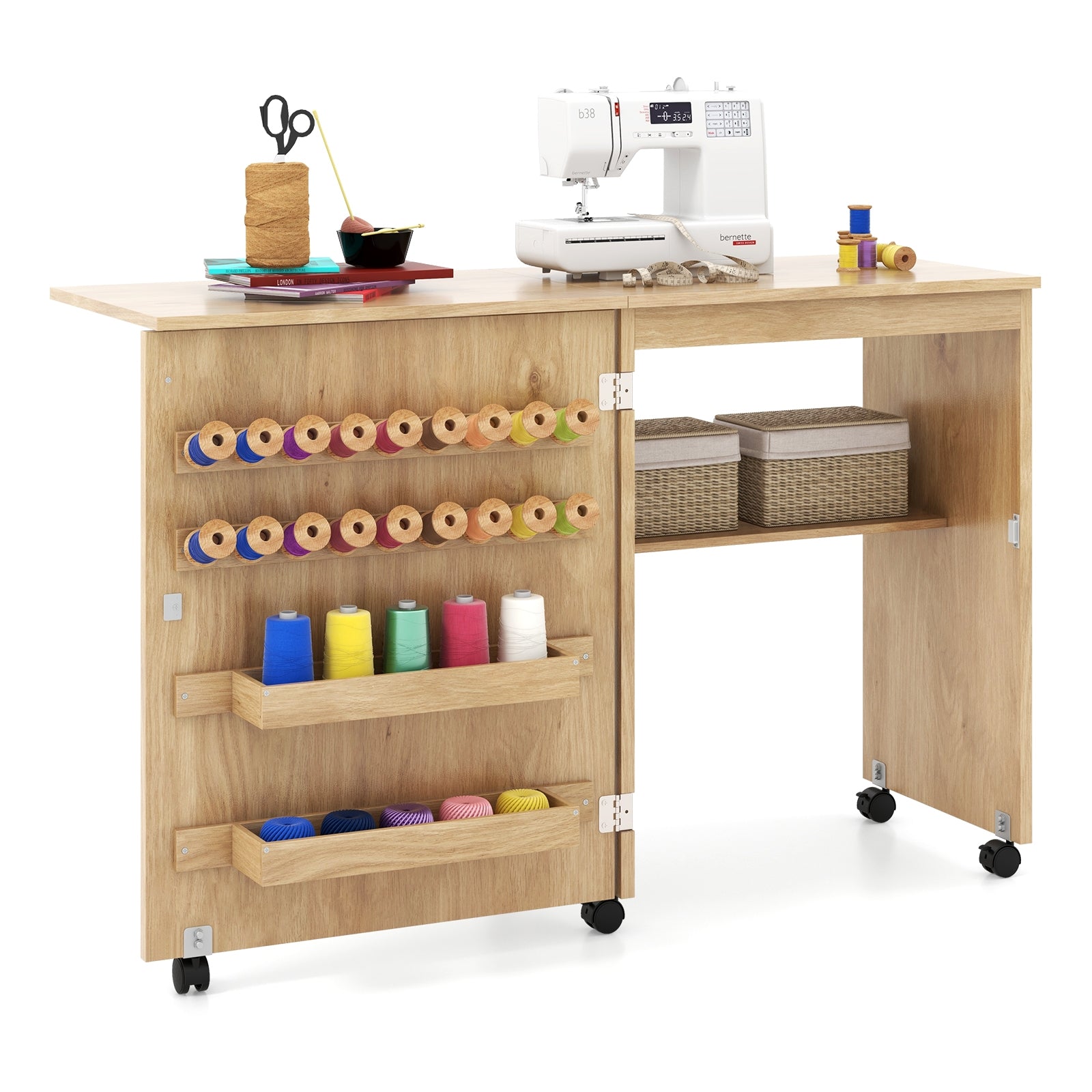 Folding Sewing Table with Storage Shelf and 5 Lockable Wheels, Natural Sewing Tables Natural  at Gallery Canada