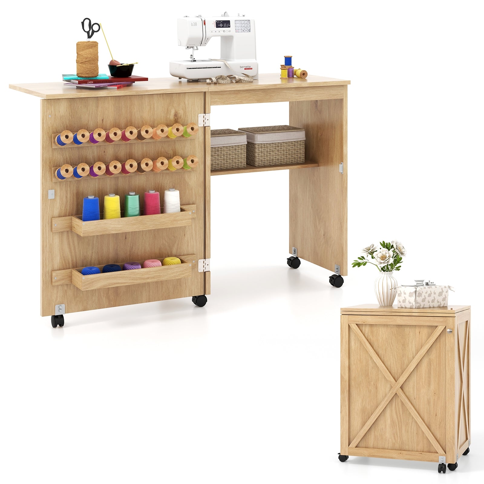 Folding Sewing Table with Storage Shelf and 5 Lockable Wheels, Natural Sewing Tables   at Gallery Canada