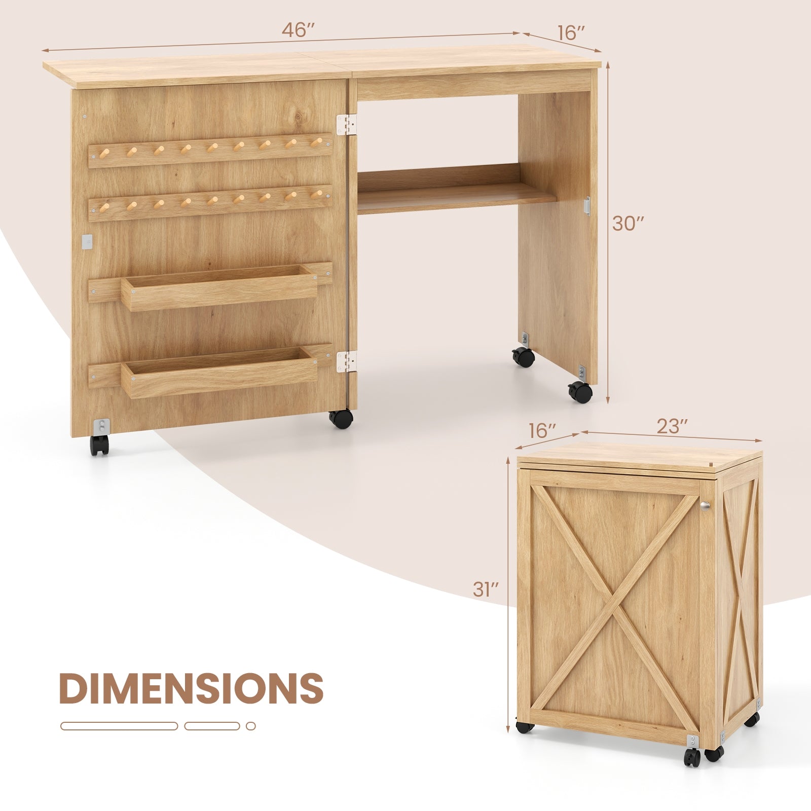 Folding Sewing Table with Storage Shelf and 5 Lockable Wheels, Natural Sewing Tables   at Gallery Canada