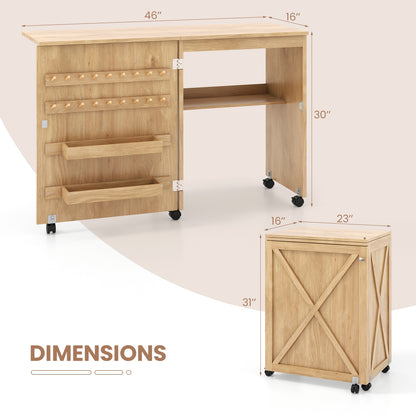 Folding Sewing Table with Storage Shelf and 5 Lockable Wheels, Natural Sewing Tables   at Gallery Canada