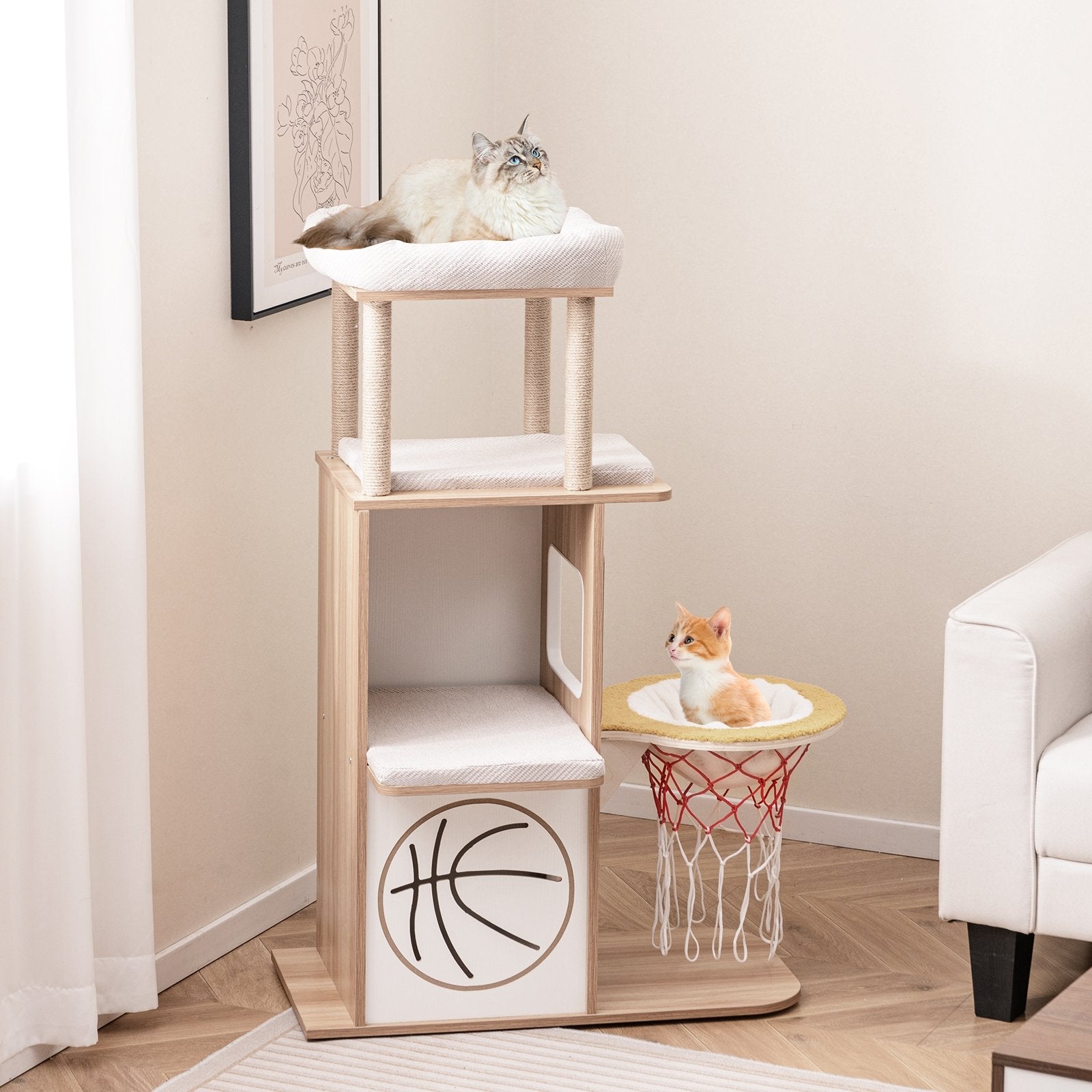 47 Inches Wooden Cat Tree with 2-Story Cat Condo and Basketball Hoop Hammock, Natural Cat Trees Condos & Scratchers   at Gallery Canada