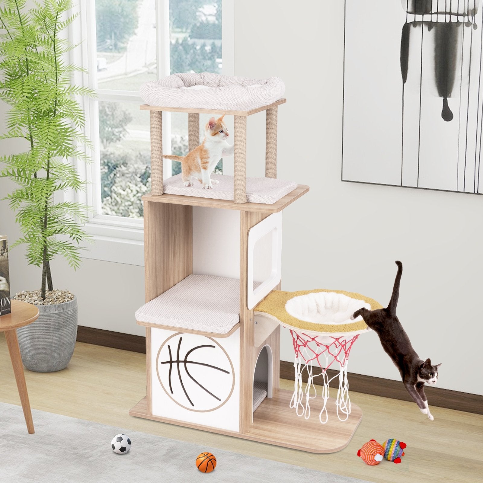 47 Inches Wooden Cat Tree with 2-Story Cat Condo and Basketball Hoop Hammock, Natural Cat Trees Condos & Scratchers   at Gallery Canada