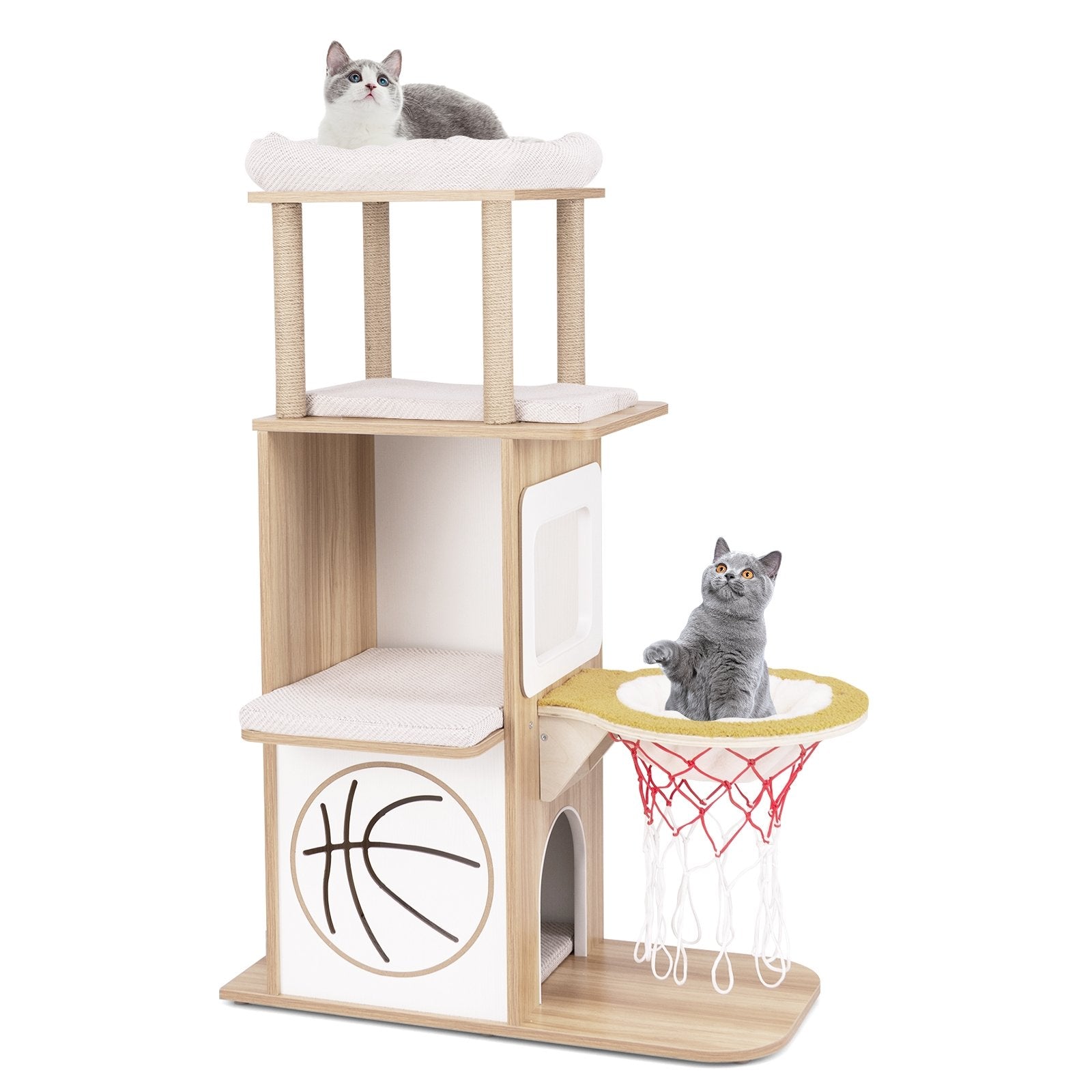 47 Inches Wooden Cat Tree with 2-Story Cat Condo and Basketball Hoop Hammock, Natural Cat Trees Condos & Scratchers Natural  at Gallery Canada