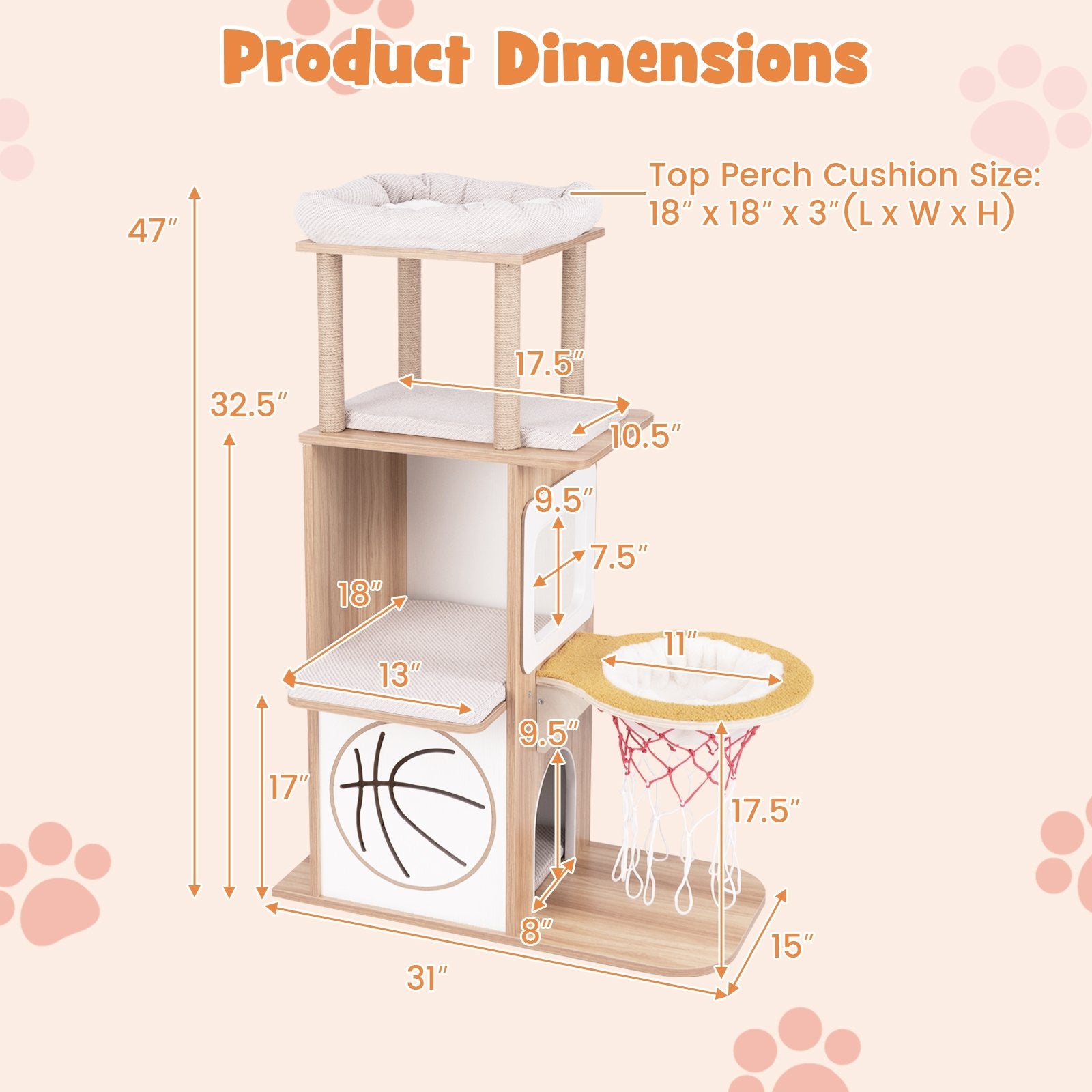 47 Inches Wooden Cat Tree with 2-Story Cat Condo and Basketball Hoop Hammock, Natural Cat Trees Condos & Scratchers   at Gallery Canada