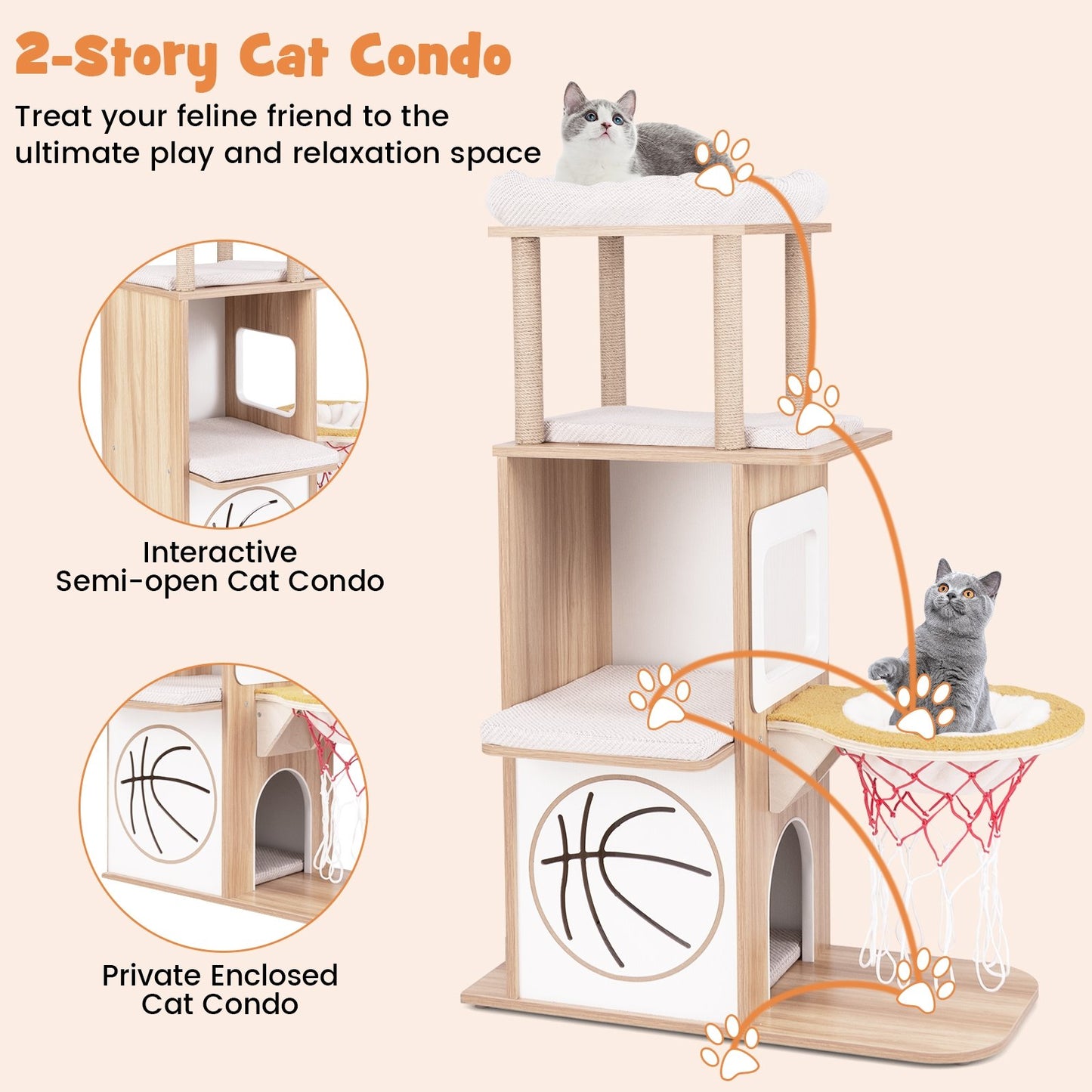 47 Inches Wooden Cat Tree with 2-Story Cat Condo and Basketball Hoop Hammock, Natural Cat Trees Condos & Scratchers   at Gallery Canada