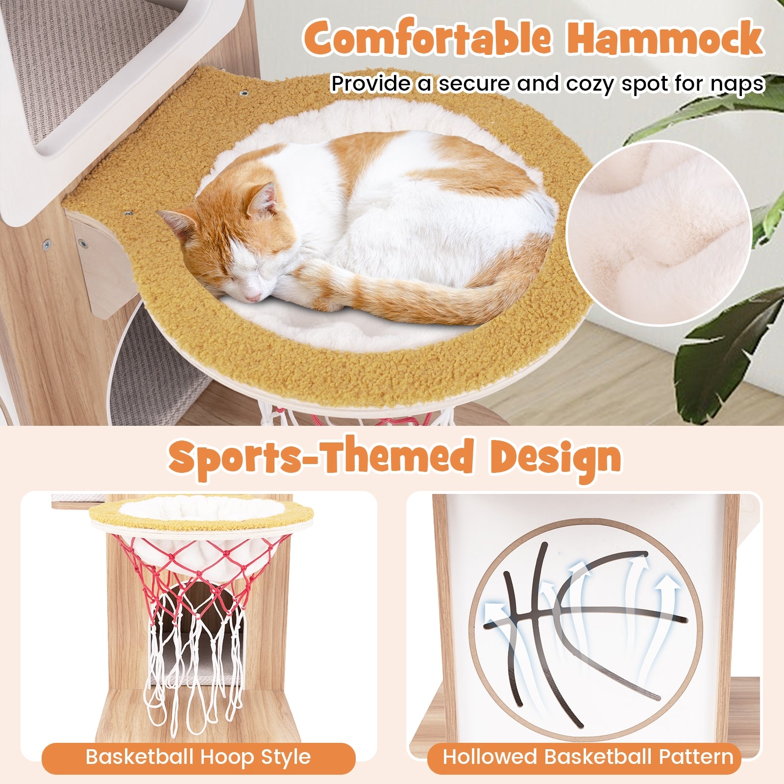 47 Inches Wooden Cat Tree with 2-Story Cat Condo and Basketball Hoop Hammock, Natural Cat Trees Condos & Scratchers   at Gallery Canada