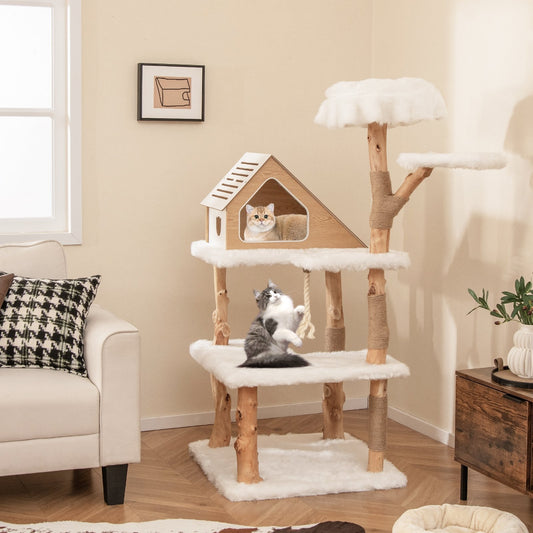 60 Inch Tall Solid Wood Cat Tree Modern Wooden Cat Tower with 2 Perches, White Cat Trees Condos & Scratchers White  at Gallery Canada