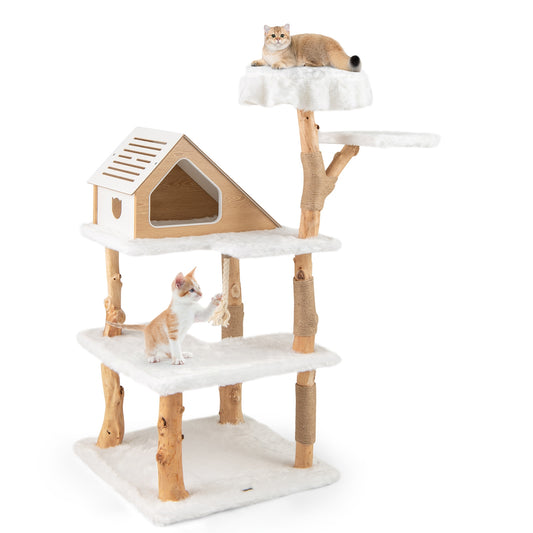 60 Inch Tall Solid Wood Cat Tree Modern Wooden Cat Tower with 2 Perches, White Cat Trees Condos & Scratchers White  at Gallery Canada