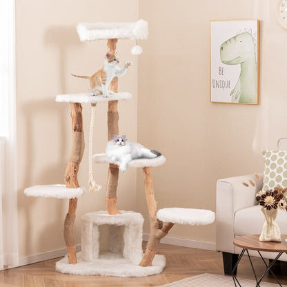 66 Inch Tall Solid Wood Cat Tree Modern Wooden Cat Tower with Perch, White Cat Trees Condos & Scratchers   at Gallery Canada