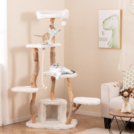 66 Inch Tall Solid Wood Cat Tree Modern Wooden Cat Tower with Perch, White Cat Trees Condos & Scratchers White  at Gallery Canada