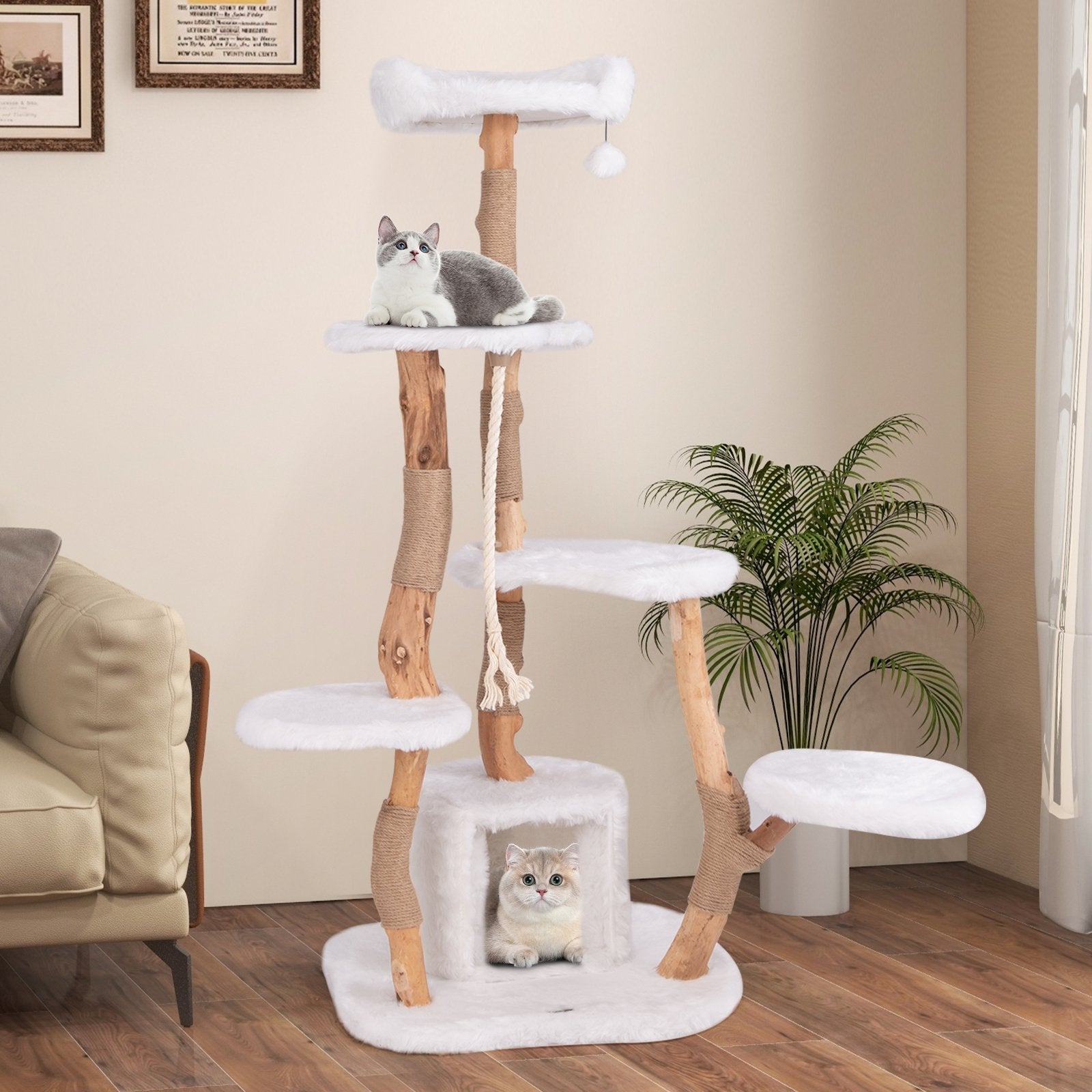 66 Inch Tall Solid Wood Cat Tree Modern Wooden Cat Tower with Perch, White Cat Trees Condos & Scratchers   at Gallery Canada