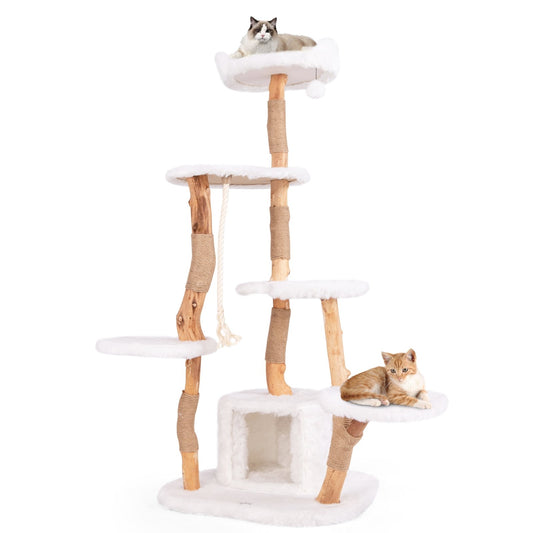 66 Inch Tall Solid Wood Cat Tree Modern Wooden Cat Tower with Perch, White Cat Trees Condos & Scratchers White  at Gallery Canada