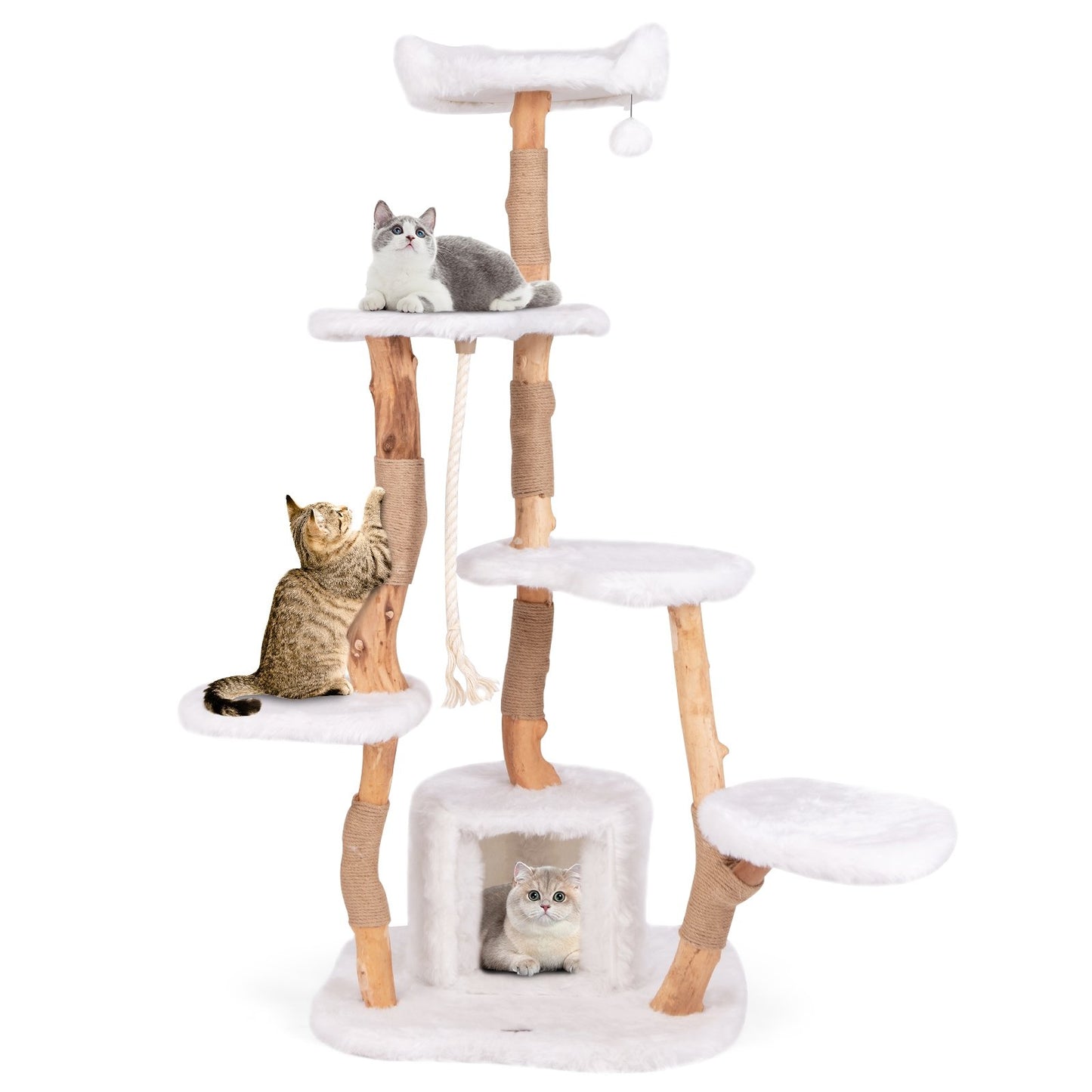 66 Inch Tall Solid Wood Cat Tree Modern Wooden Cat Tower with Perch, White Cat Trees Condos & Scratchers   at Gallery Canada