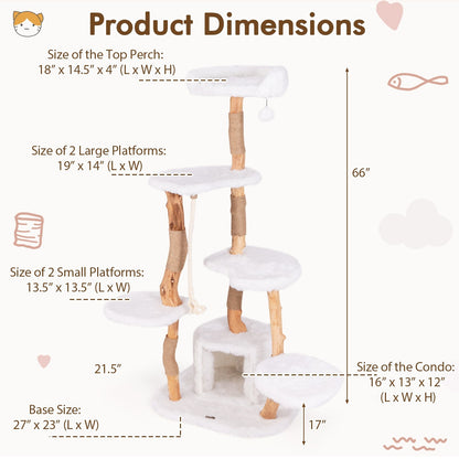 66 Inch Tall Solid Wood Cat Tree Modern Wooden Cat Tower with Perch, White Cat Trees Condos & Scratchers   at Gallery Canada