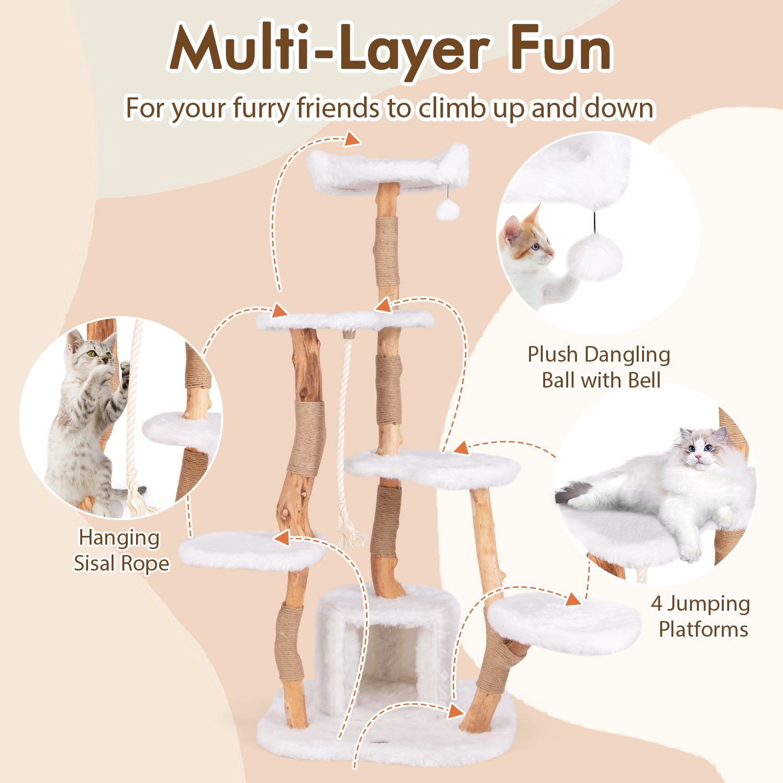 66 Inch Tall Solid Wood Cat Tree Modern Wooden Cat Tower with Perch, White Cat Trees Condos & Scratchers   at Gallery Canada