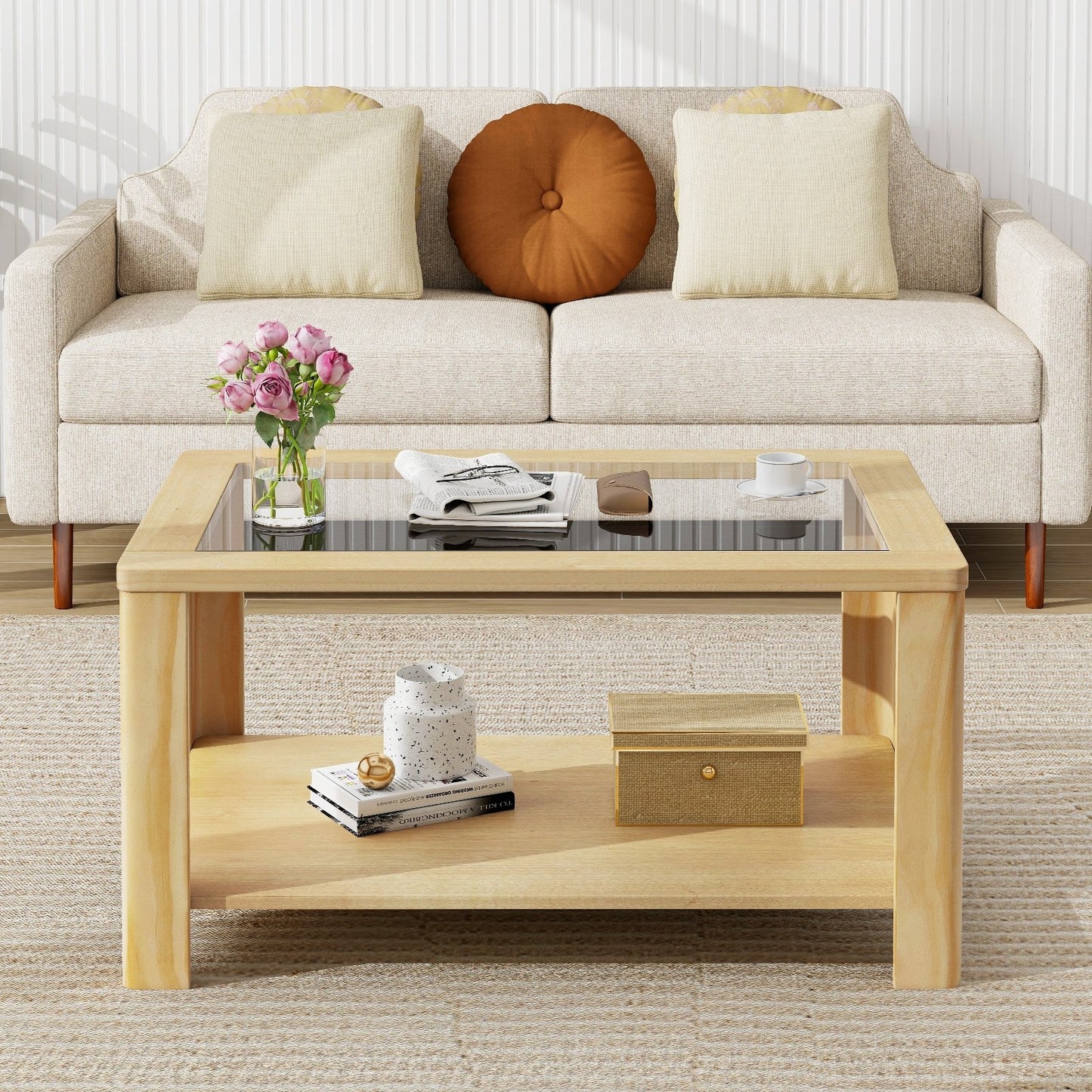 2-Tier Coffee Table Rectangular Center Table with Tempered Glass Tabletop and Storage Shelf, Natural Coffee Tables   at Gallery Canada