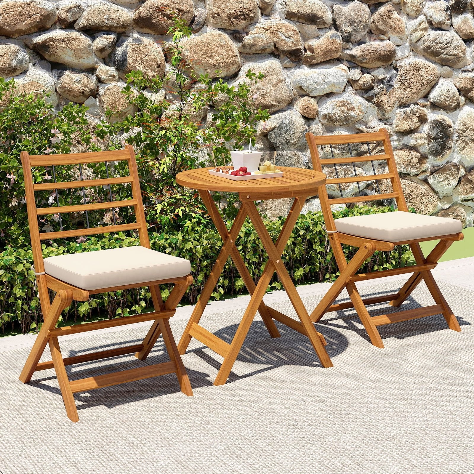 3 Pieces Acacia Wood Patio Bistro Set with Cushions, White Patio Conversation Sets   at Gallery Canada