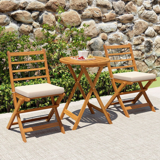 3 Pieces Acacia Wood Patio Bistro Set with Cushions, White Patio Conversation Sets White  at Gallery Canada