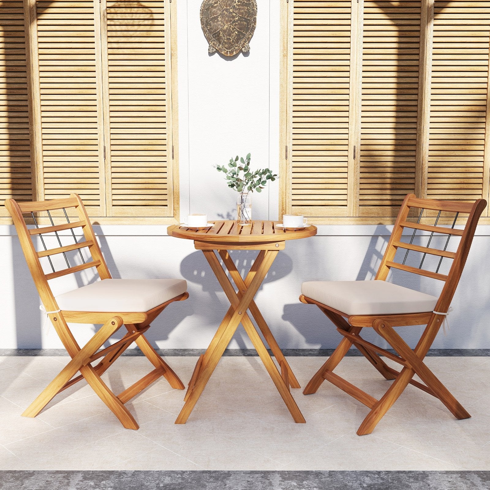 3 Pieces Acacia Wood Patio Bistro Set with Cushions, White Patio Conversation Sets   at Gallery Canada