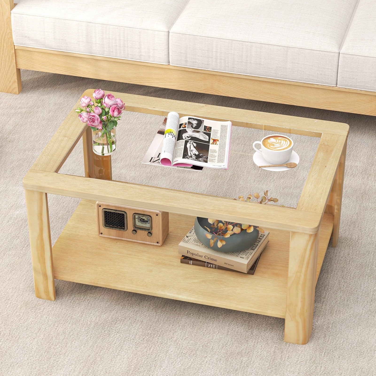 2-Tier Coffee Table Rectangular Center Table with Tempered Glass Tabletop and Storage Shelf, Natural Coffee Tables   at Gallery Canada