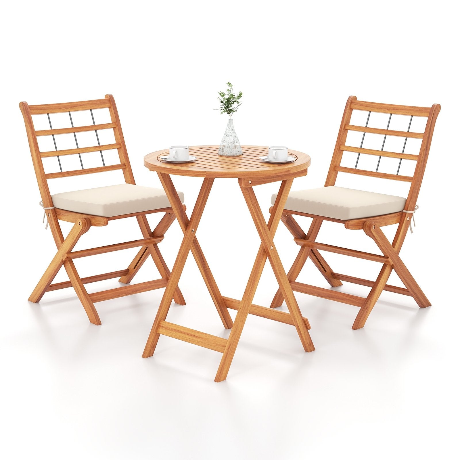 3 Pieces Acacia Wood Patio Bistro Set with Cushions, White Patio Conversation Sets   at Gallery Canada