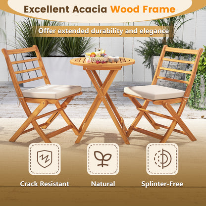 3 Pieces Acacia Wood Patio Bistro Set with Cushions, White Patio Conversation Sets   at Gallery Canada