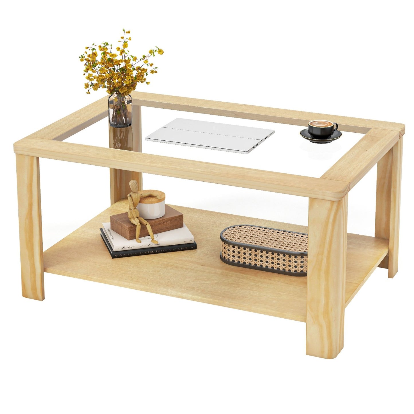 2-Tier Coffee Table Rectangular Center Table with Tempered Glass Tabletop and Storage Shelf, Natural Coffee Tables   at Gallery Canada