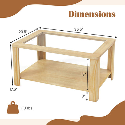 2-Tier Coffee Table Rectangular Center Table with Tempered Glass Tabletop and Storage Shelf, Natural Coffee Tables   at Gallery Canada