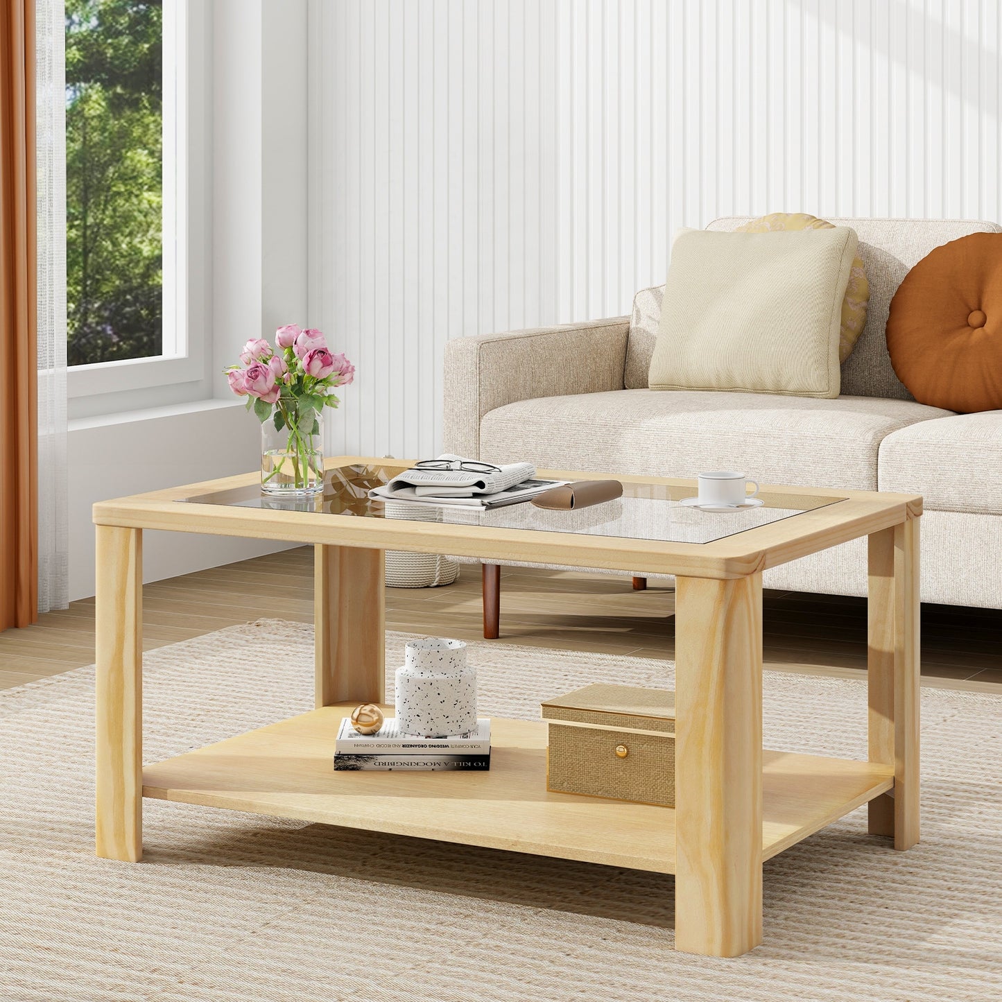 2-Tier Coffee Table Rectangular Center Table with Tempered Glass Tabletop and Storage Shelf, Natural Coffee Tables   at Gallery Canada